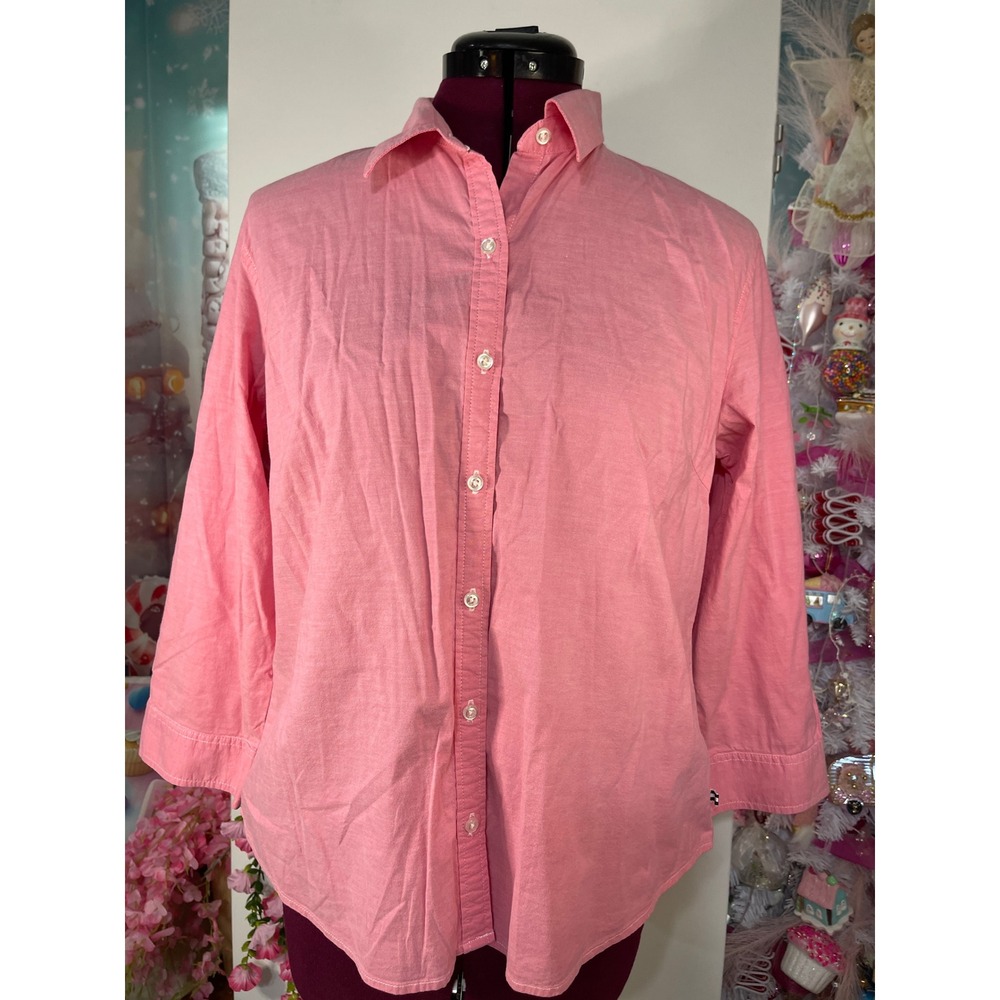 IZOD Button Down Shirt Womens Medium Pink Good 3/4 Sleeve Cotton Stretch Logo